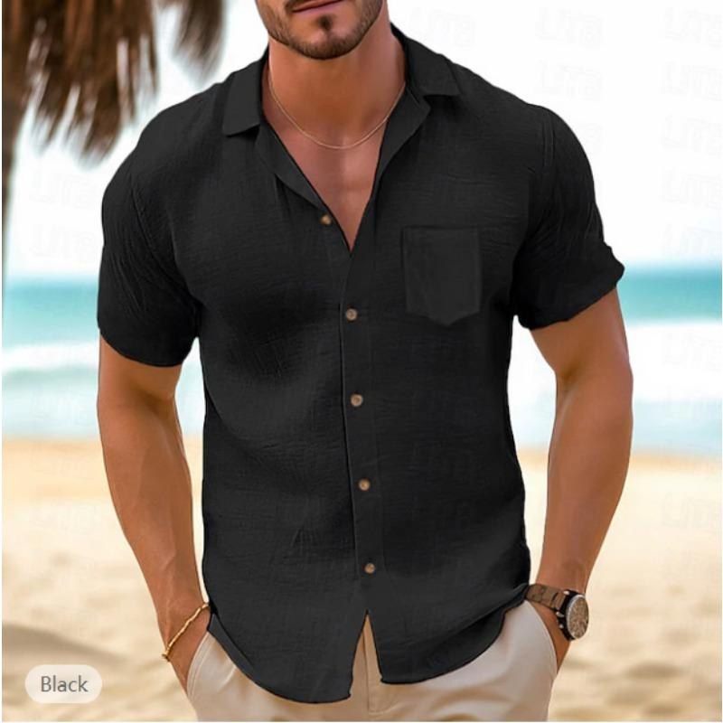 

Men Linen Short Sleeve Shirt Turn Down Collar Single Chest Pocket Button Down Casual Beach Daily Tops M