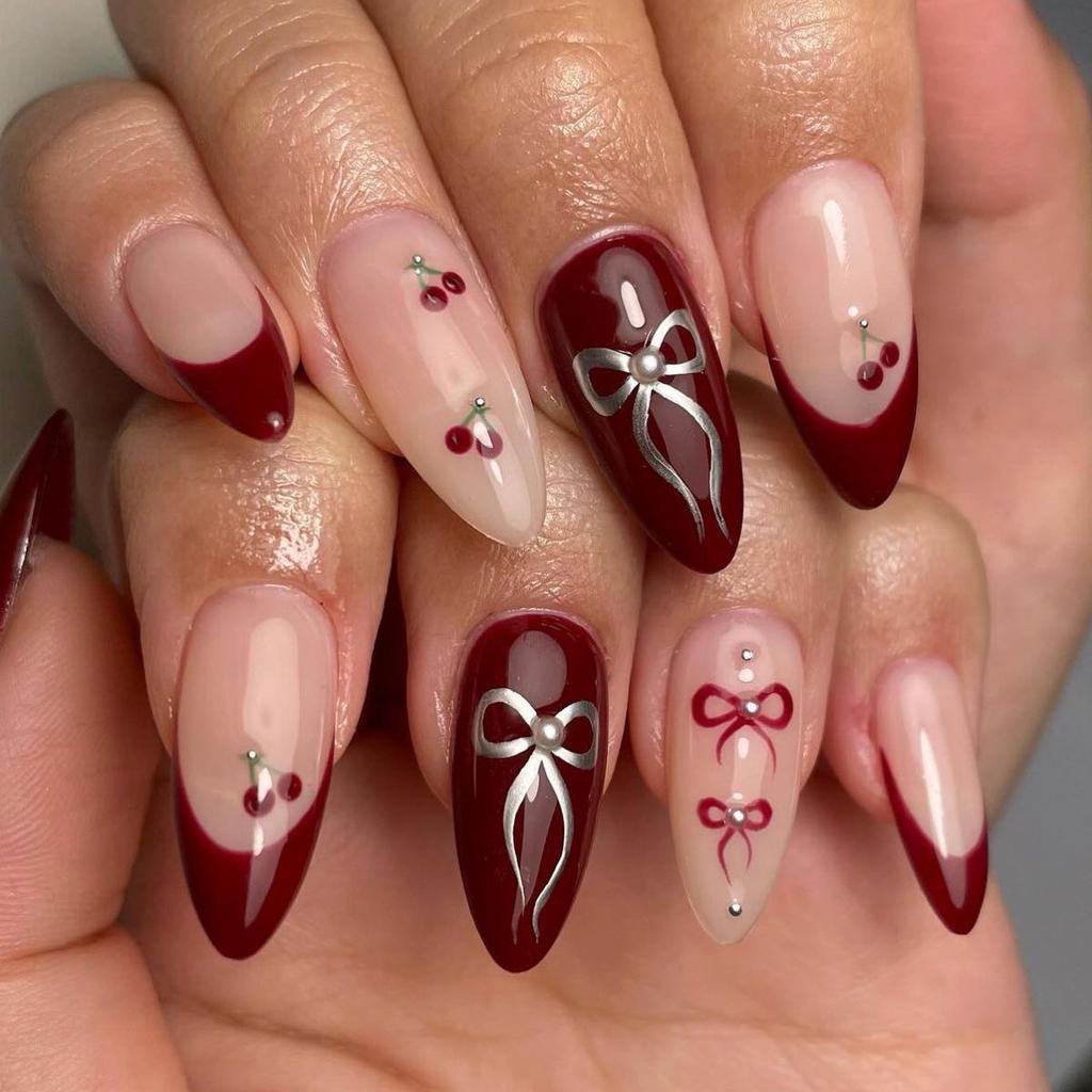 24Pcs Long Almond French Press On Nails With Pink Bow And Flower Design Oval Full Cover Fake Nail Tips