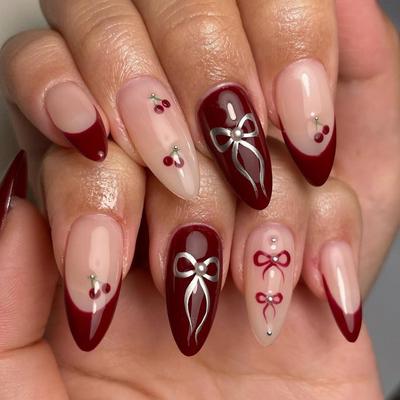 24 Pieces Sweet French Burgundy Manicure Bow Cherry Wearing Nail Hot-selling Burgundy Solid Color Nail Piece