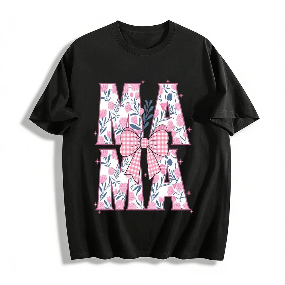 Floral Gingham Bow MAMA Print Casual Short Sleeve Top Pure cotton T-shirt XXS