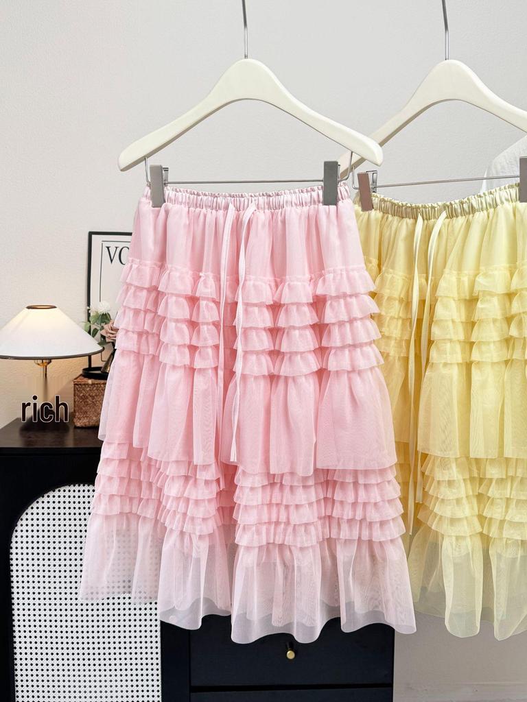Korean Style Ruffle Mesh Layered Skirt - Women's Puffy Mid Skirt for Spring/Summer