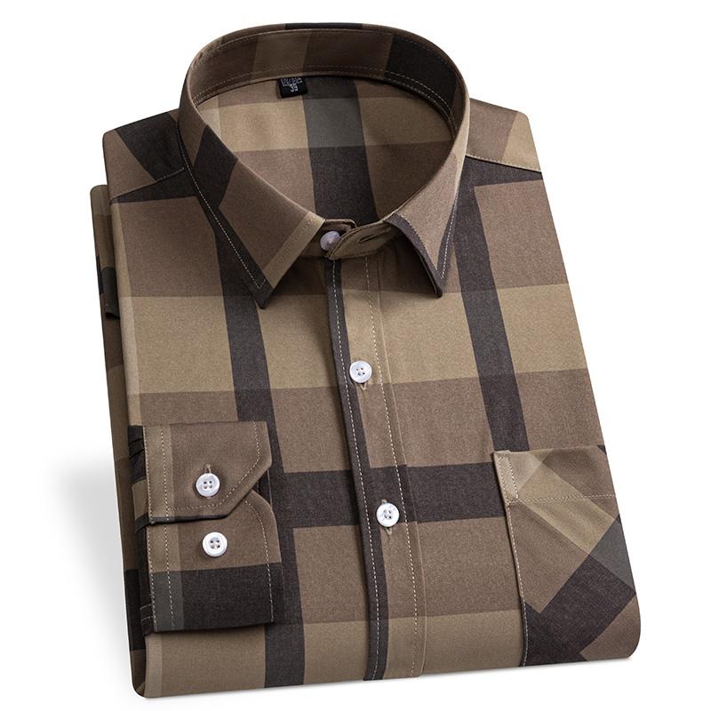 Męskie Koszule Eleganckie Wiosna Jesień Najnowsze Nieprasujące się Odporne na Zmarszczki Biznesowe Casualowe Wzór Cienki Kratka Dopasowany krój chemise homme