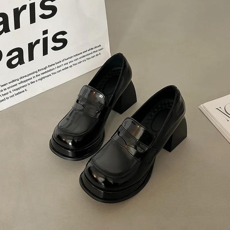 Vintage Patent Leather Platform Women Jk Pumps Shoes Fashion Shallow Slip On Shoes 2025 Spring Autumn Thick Heel Shoes