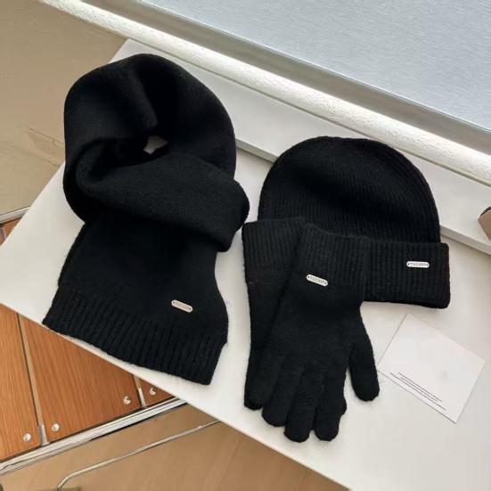 3Pcs/Set Women Hat Scarf Gloves Set Solid Color Ribbed Trim Brimless Hat Long Scarf Warm Gloves Set Winter Accessories