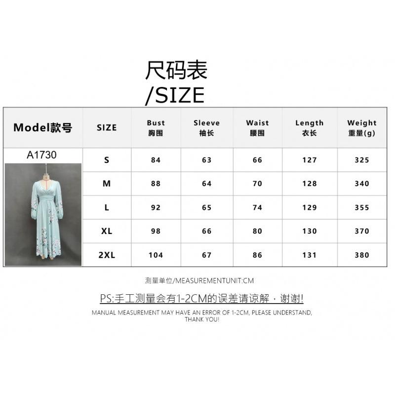 European and American women's clothing new digital printing flower V-neck pleated long-sleeved dress women