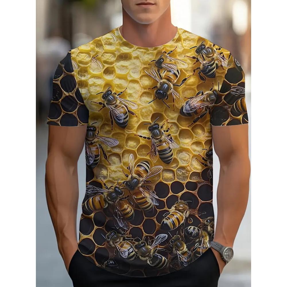 Men's Casual Honeycomb Bee Print T-Shirt Casual Round Neck Short Sleeve Tshirts Clothes New In Funny Bee Graphic T Shirts Tops
