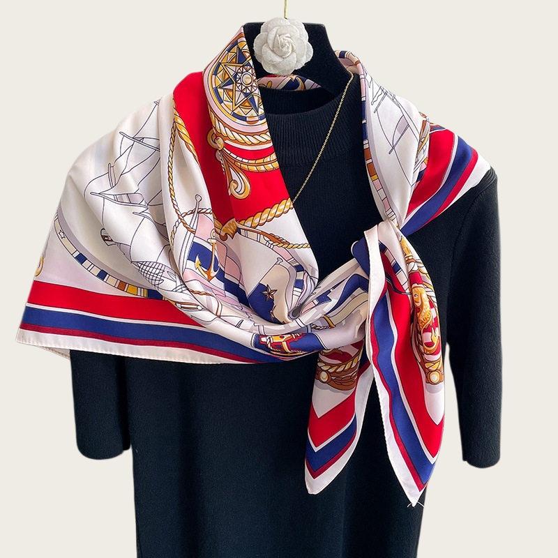 Temperament navy blue beige twill smooth silk scarf square scarf 91cm versatile square scarf shawl spring and autumn new scarf