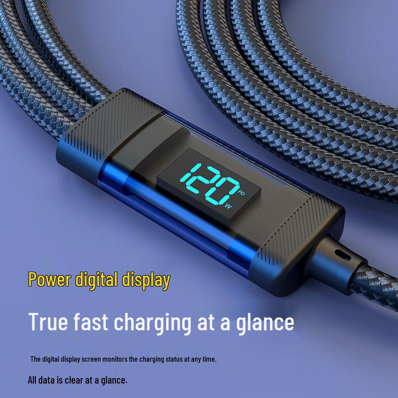 120W Super Fast Charging 3-in-1 Cable with Digital Display for Apple, Huawei, OPPO