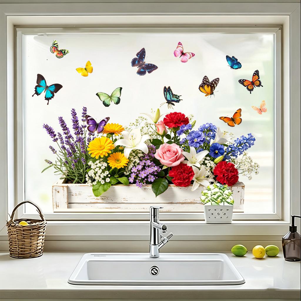 Spring Garden Flower and Butterfly Combination Window Decal No Adhesive, Removable for Bedroom Decorating Stickers