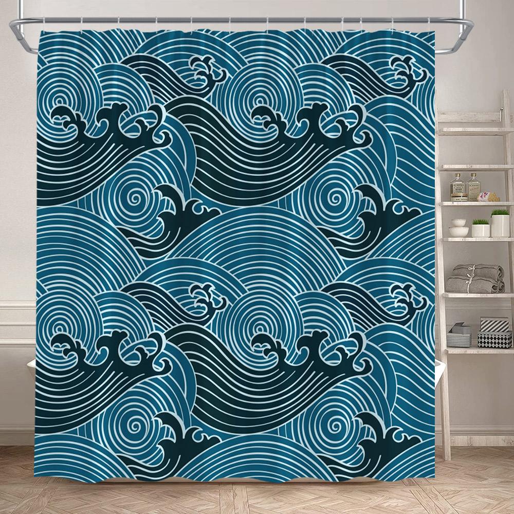 

Abstract Blue Sea Waves Shower Curtains Japanese Style Art Modern Polyester Fabric Home Bathroom Curtain Decorative With Hooks W60H190(CM)-1 Pcs