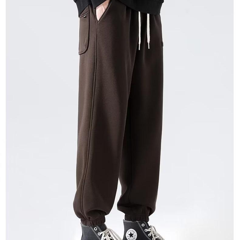 Men's Heavy Brown Velvet-Lined Sweatpants: Loose, Drawstring, Trendy, Large Size, Spring & Autumn Casual Sportswear.
