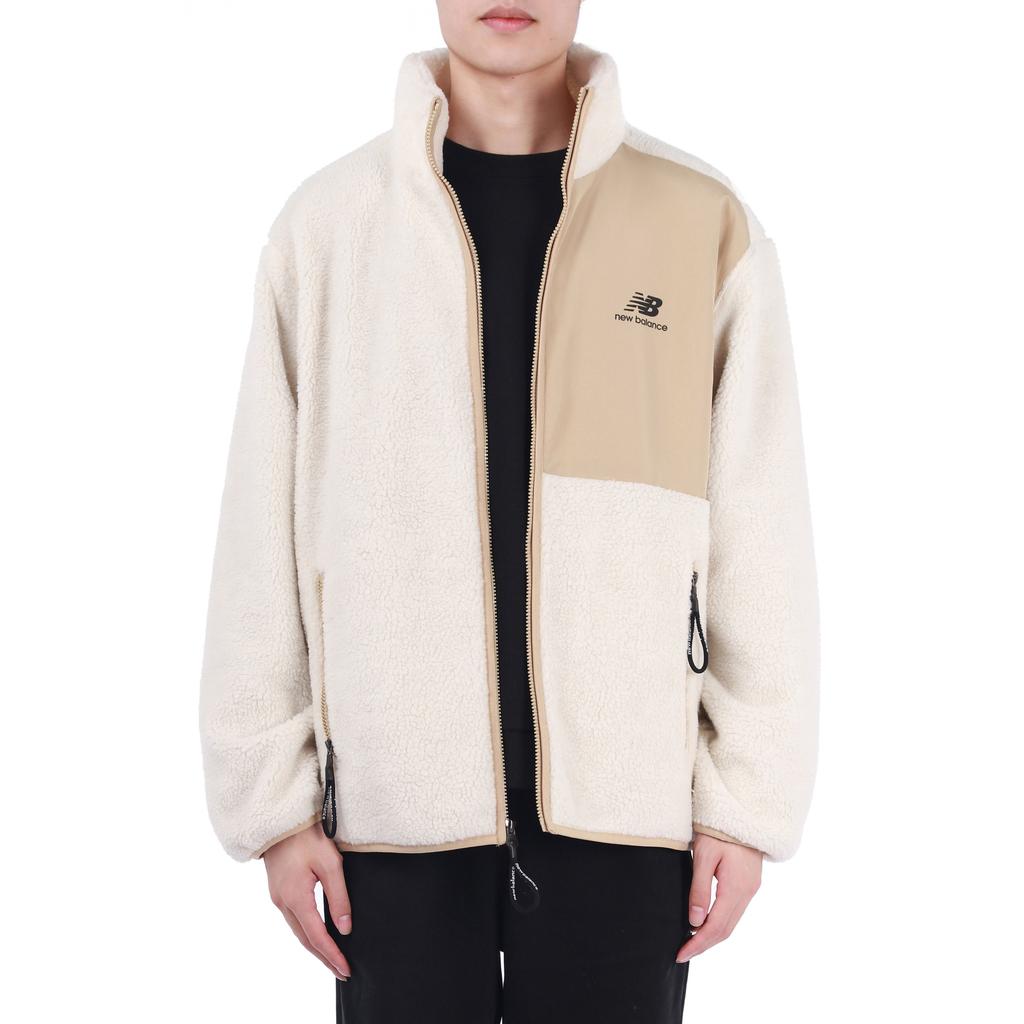 New Balance Contrasting Colors Knit Suede Sports Stand Collar Logo Lamb's Wool Jacket Autumn Creamy White Men's AMJ13346-MSU