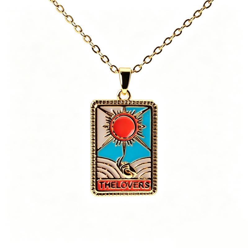 Retro Boyfriend Style Square Tarot Card Pendant Necklace with Zircon Clavicle Chain 