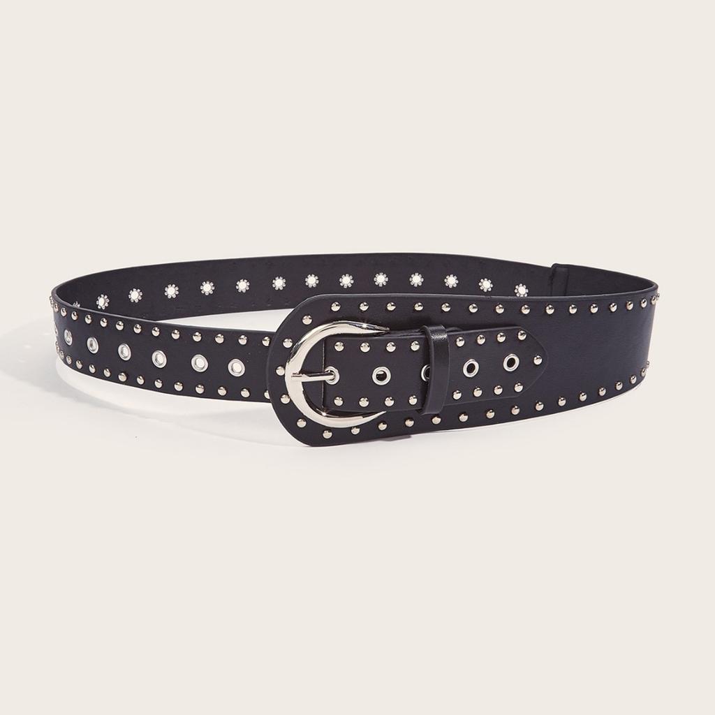Punk Style Studded Waistband PU Leather Belt for Men and Women Fashionable Waist Ornament with Buckle Design