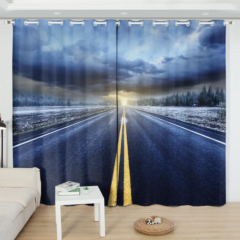 2Panels Endless Road Scenery Semi-blackout Curtain Non-fading Bedroom Living Room Floor-to-ceiling Window Blinds Curtain Cortina