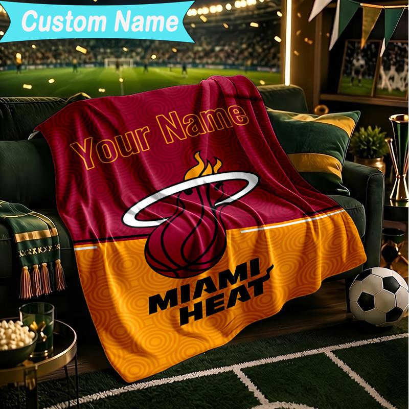 1PC Custom Name Blanket Heat Miami Team Spirit Flannel blankets Patterns Throw Blanket All-Season Soft Gift for Couch, Bed, Camping, Birthday gifts