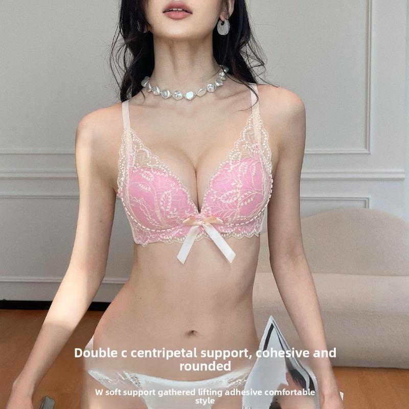 Ropa interior de encaje sexy para mujer, primavera y verano, fruncido, elevación de pecho pequeño, con soporte para prevenir la flacidez, para recibir un par de sujetadores de leche
