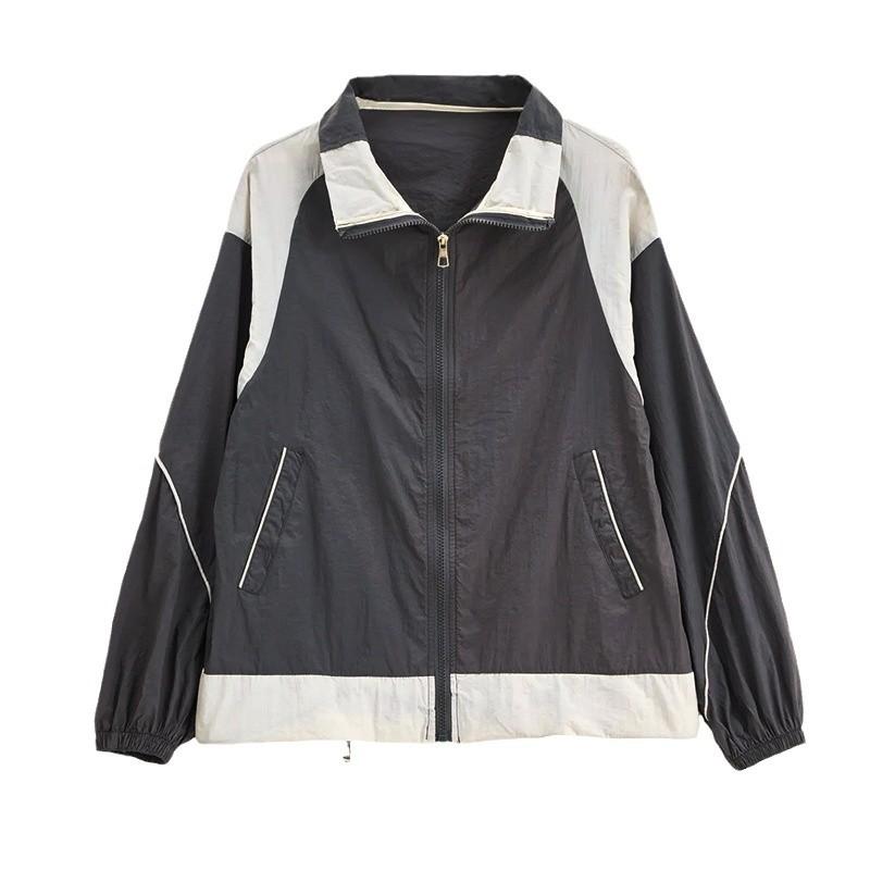 Women's Casual Autumn Clashing Colour Splicing Lapel Long Sleeve Sun Protection Jacket