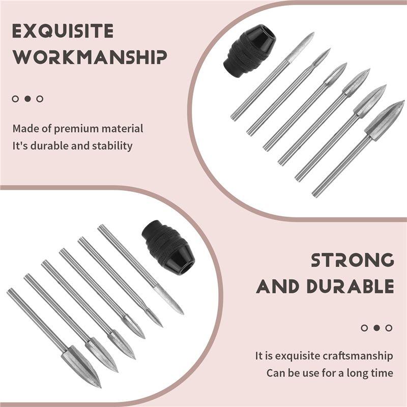 A84X-7Pc Wood Carving Tools,1/8Inch Shank HSS Engraving Drill Tool Wood Crafts Accessories With 4486 Chuck For Dremel Tool