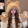 Cute Plush Gloves and Hats for Women  Autumn and Winter Ear Protecting Hats for Cycling To Keep Warm  Thickened Little Bear  Lei Feng Hat Trend