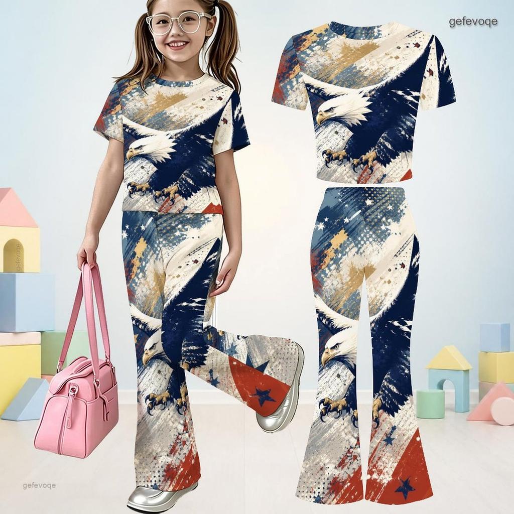 Girls Round Neck Short Sleeve Dark Blue Printed Top Flared Pants Two Piece Set
