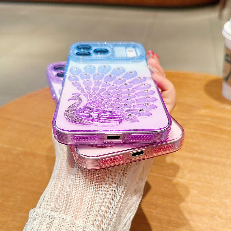 Gradient Point Diamond Colorful Peacock Soft Shockproof Phone Case For iPhone 17 Pro Max 15 14 13 16 Pro Max Bumper Back Cover