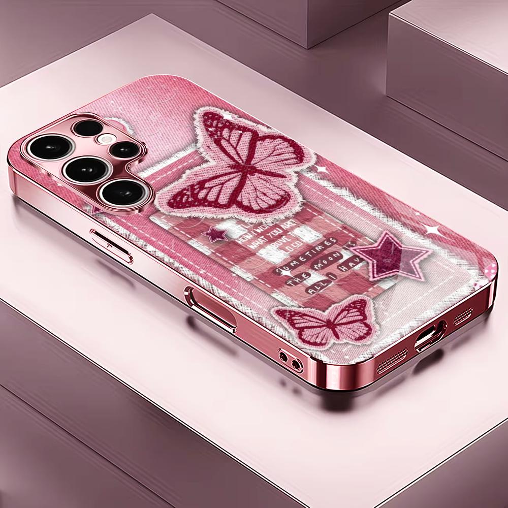 Rosa Schmetterlings-Aufkleber Madam Pink Glas Handyhülle für Samsung Galaxy S26 S25 S24 S23 S22 FE Ultra Plus Stoßfest Weiblich