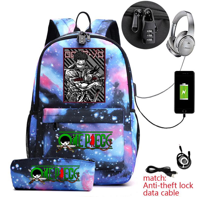One Piece Zoro Print Anti Theft School Backpack Student Bookbag with Pen Case for Kids Teens