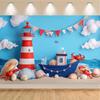 2D Ocean Adventure Background, Cartoon Lighthouse & Boat Themed Party Backdrop