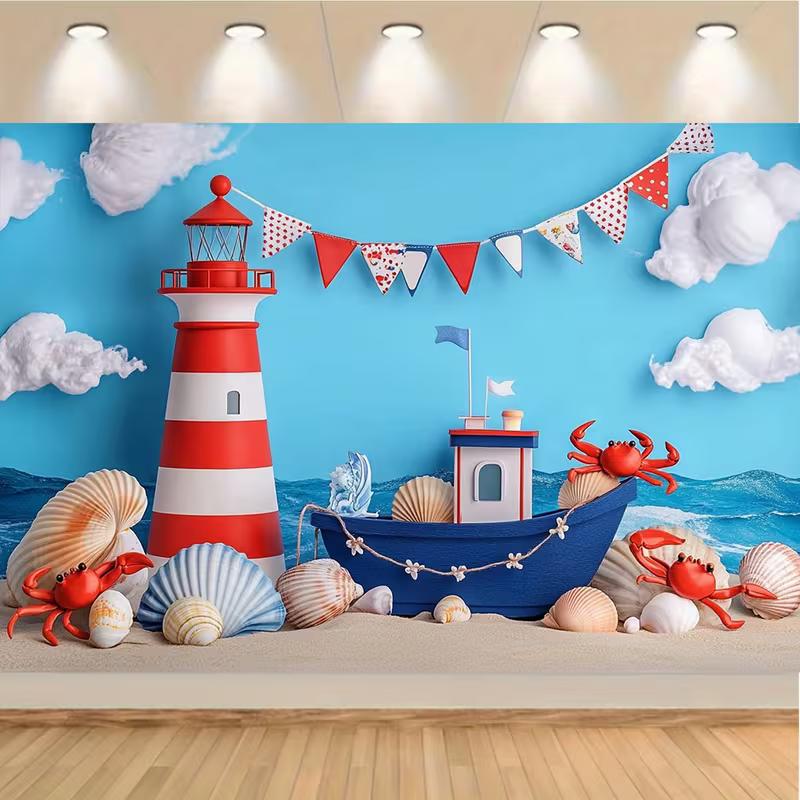 2D Ocean Adventure Background, Cartoon Lighthouse & Boat Themed Party Backdrop