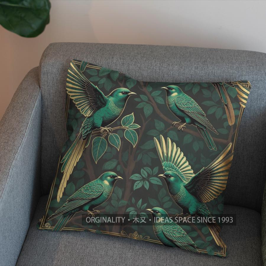 2D Enchanted Green Birds And Leaves Cushion Cover Pattern Cushion Cover Suitable For Sofa Bedroom Car Pillow Cover