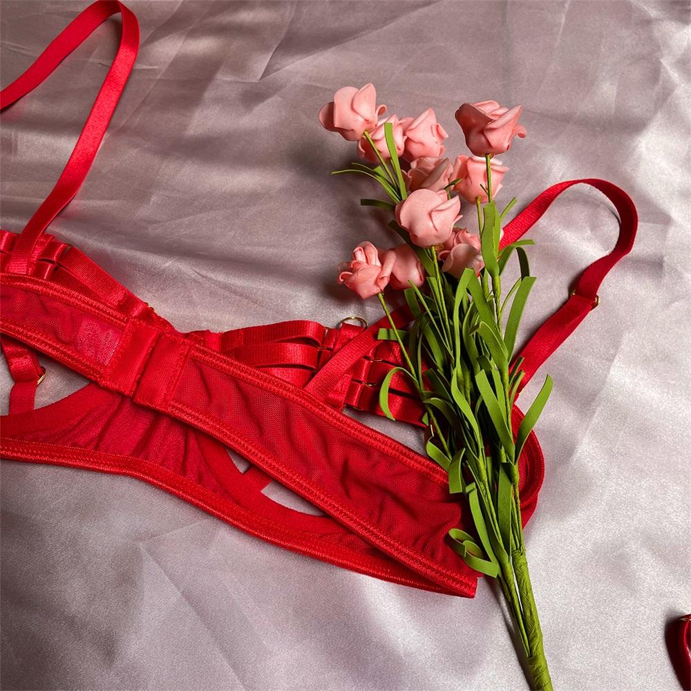 Aduloty Summer Women's Sexy Lingerie Underwire Bra Lace Stitching Garter Leg Ring Thin Section Temptation Erotic Underwear Set