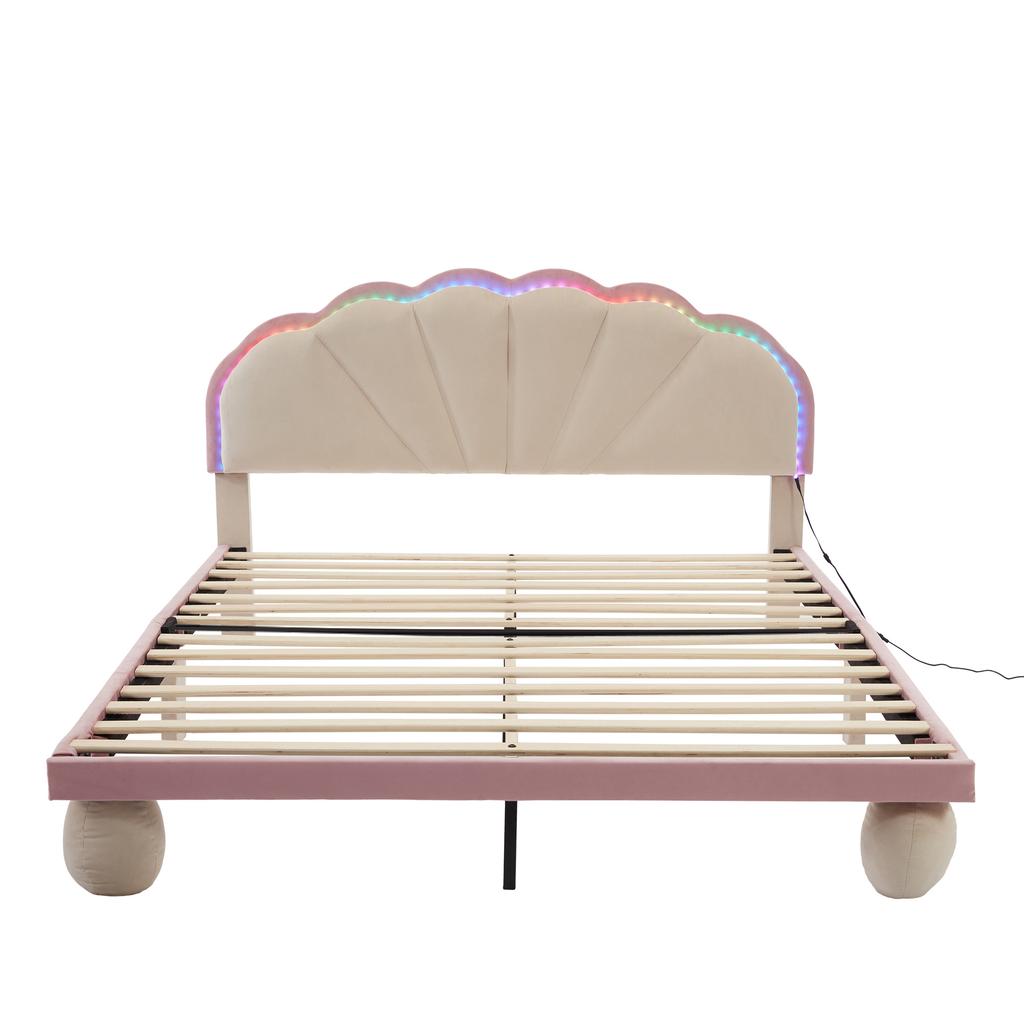 Polsterbett mit mehrfarbigen, wechselnden Lichtleisten, Kopfteil, mit gepolsterten runden Füßen, Jugendbett, Doppelbett, Samt, beige+rosa, 140x200cm