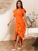 Women Luxury Guest Wedding Party Dresses Elegant V Neck Short Ruffles Sleeves Irregular Slit Bodycon Slim Classy Fashion Gowns