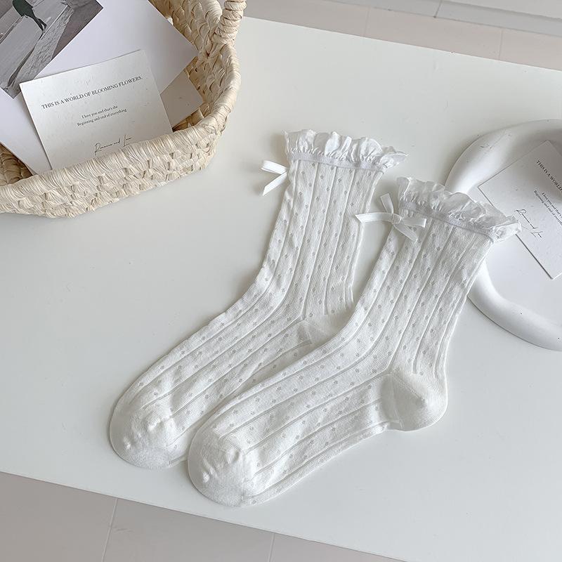 

Весенне-летние носки, Белые носки до середины икры с кружевом и бантом, Носки-гольфы из перфорированной сетки в стиле Лолиты 1 pair