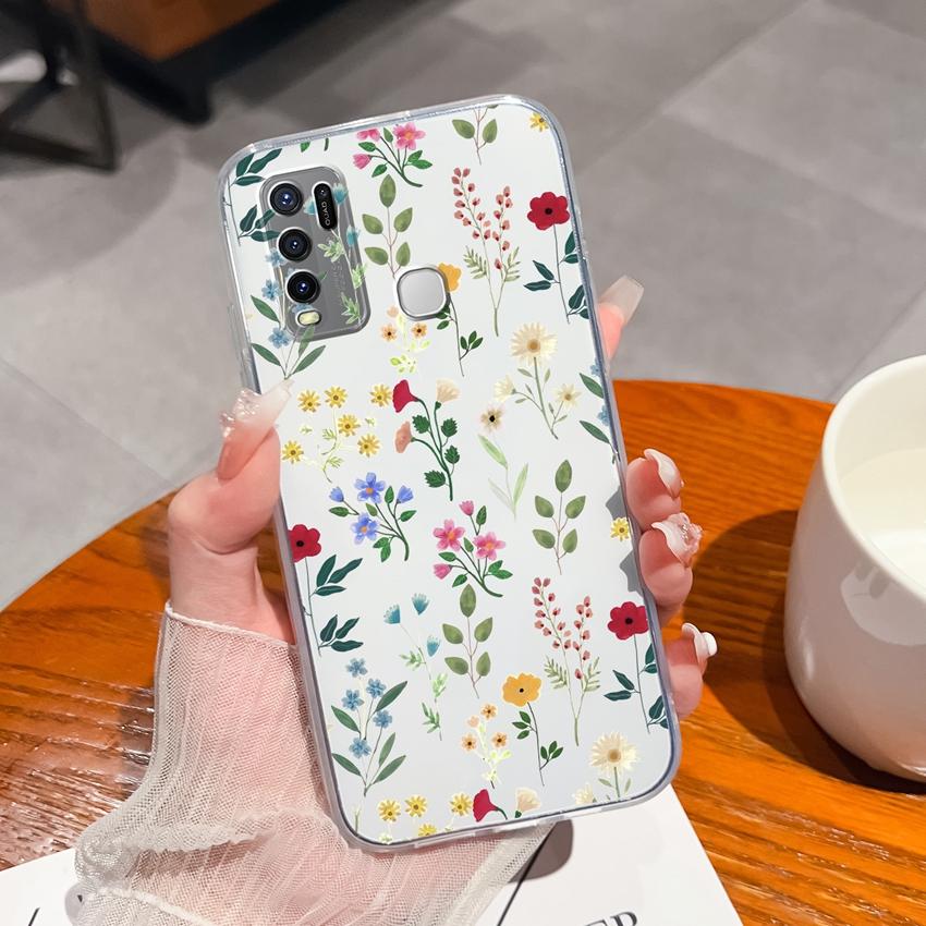 For Vivo Y91C Y67 Y91 Y75 Y78 Y50 Y73 Y55 Phone Casing Beautiful Black Flowers Patterns Transparent Silicone Shockproof Protective Shell For Vivo Case