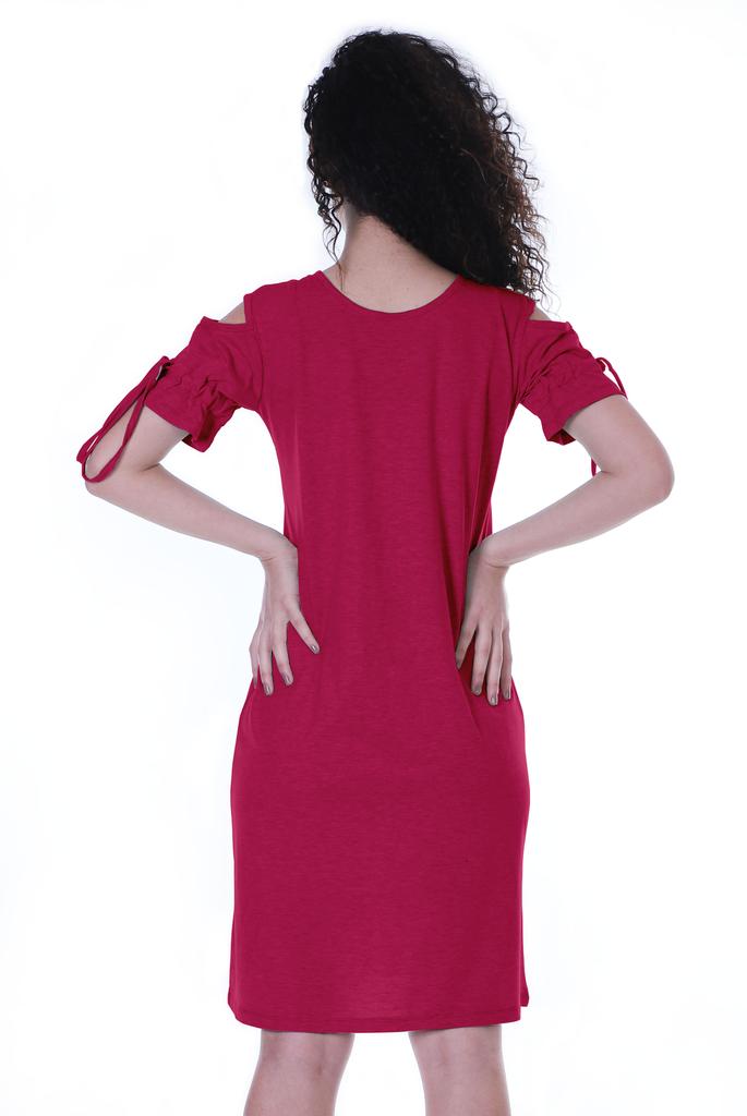 Moomaya Cold Shoulder T-shirt Dress Round Neck Casual Knee Length Summer Dresses For