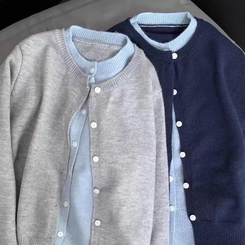 Korean Style Grey Knit Color Block Cardigan Jacket - Women's Lazy Autumn Chic Two-Piece Sweater Top