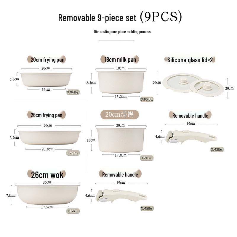 Non-Stick Removable Cookware Set with Steamer, Frying Pan, and Separable Handle