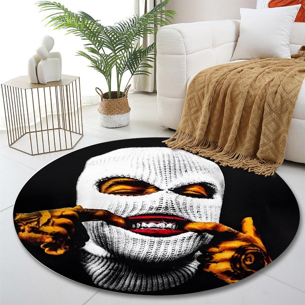 White Masked Face with Smiling Teeth Print round rug, living room, bedroom, playroom carpet, non slip floor mat, gift