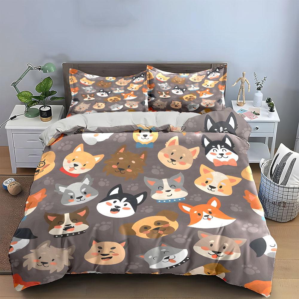 Cute Cartoon Dog Faces Pattern Bedding Duvet Cover Set (1*Duvet Cover 2*Pillowcases, without duvet insert)