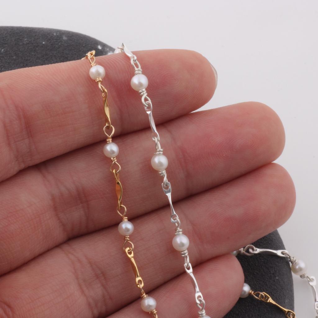 14K Gold Filled Dapped Bar Chain Beaded 3-3.5mm Fresh Water Pearls for DIY Permanent Handmade Necklace Bracelet Jewelry Making