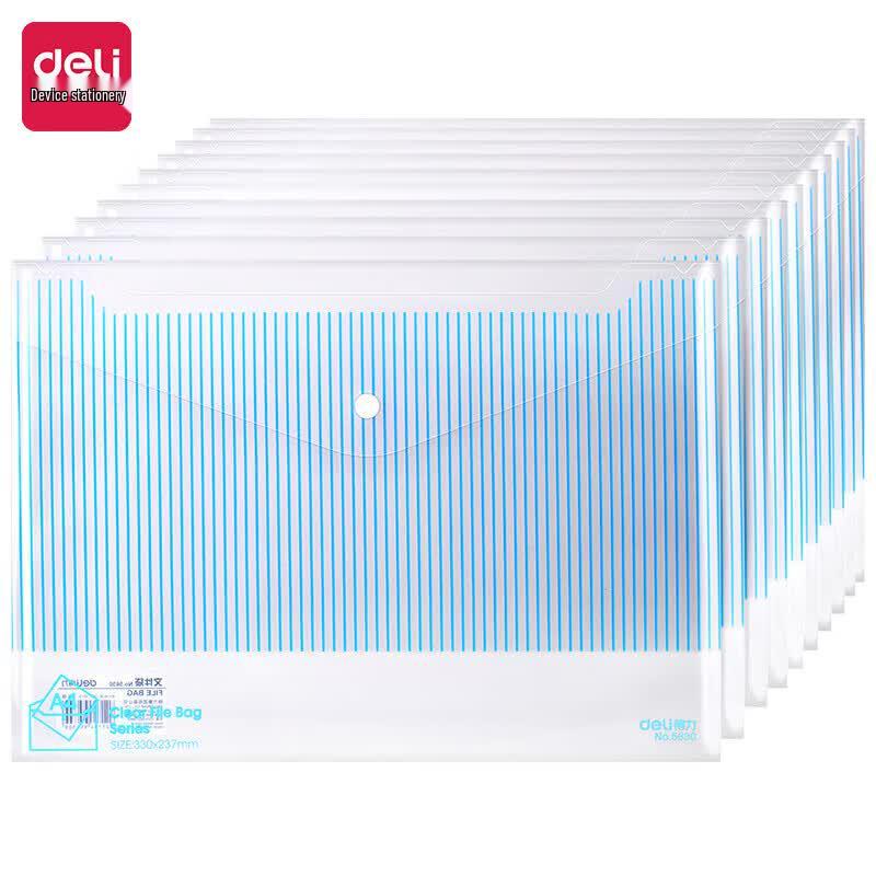 Deli A4+ Striped Transparent Snap File Bags, 10-Pack