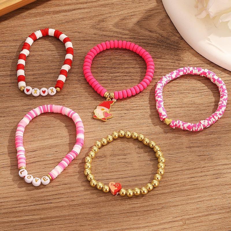 Valentine's Day Bracelet Multi-layer Stacked Pink Love Pendant Bracelet Soft Pottery Beaded Elastic Bracelet