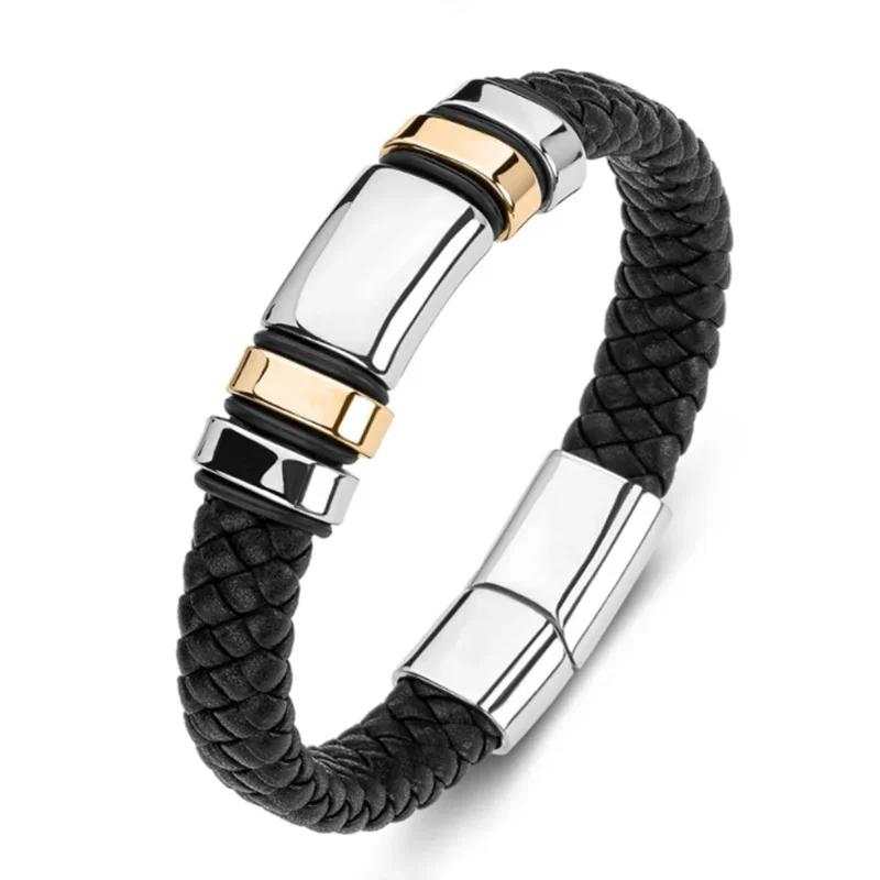 Men\\\\'s Classic Black Leather Bracelet Metal Magnetic Buckle Fashion Bracelet Jewelry Casual Daily All-Match Jewelry