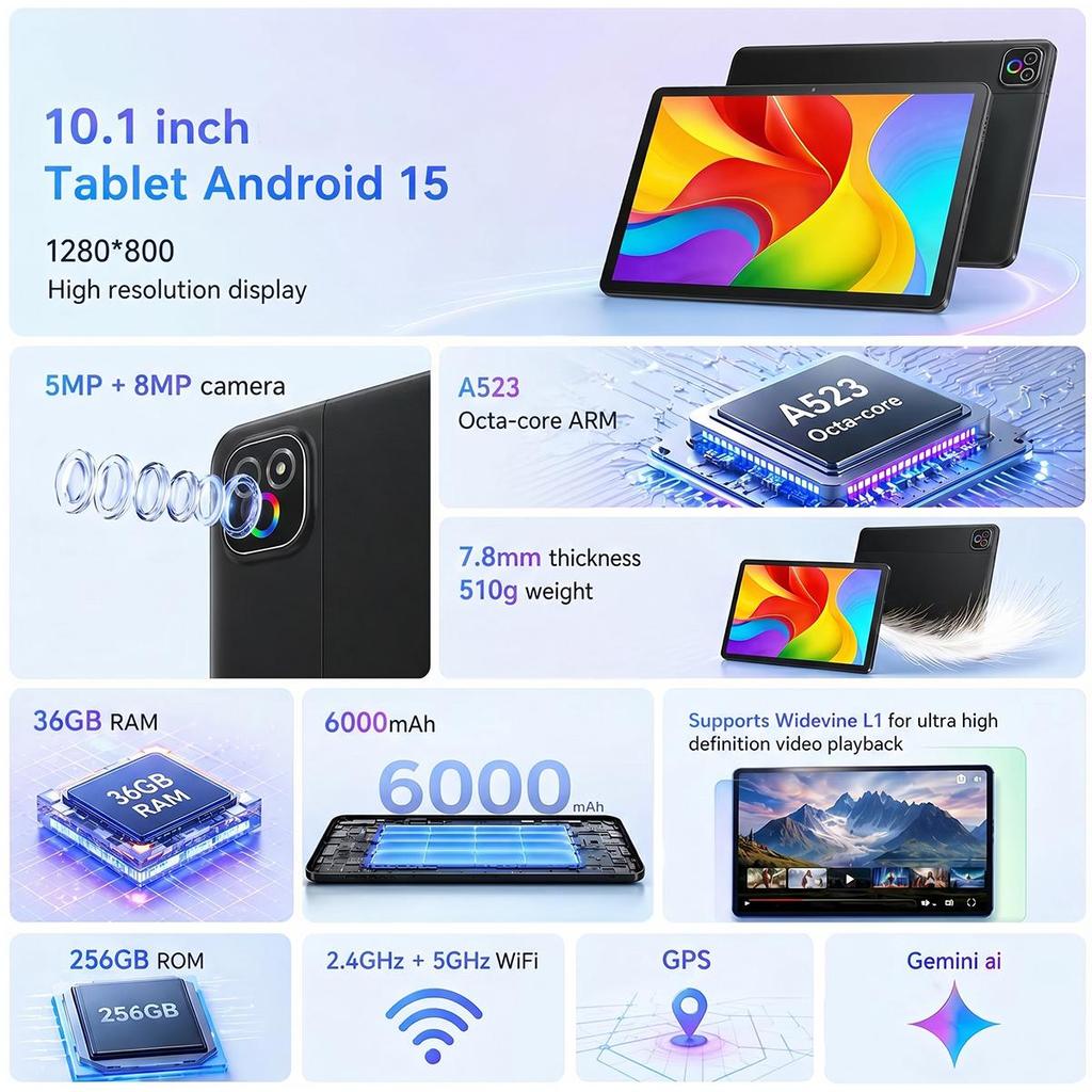 Tablet Android 16, 10,1 Pollici, 36 GB di RAM + 256 GB di ROM, Octa Core, Batteria da 6000 mAh, Nero