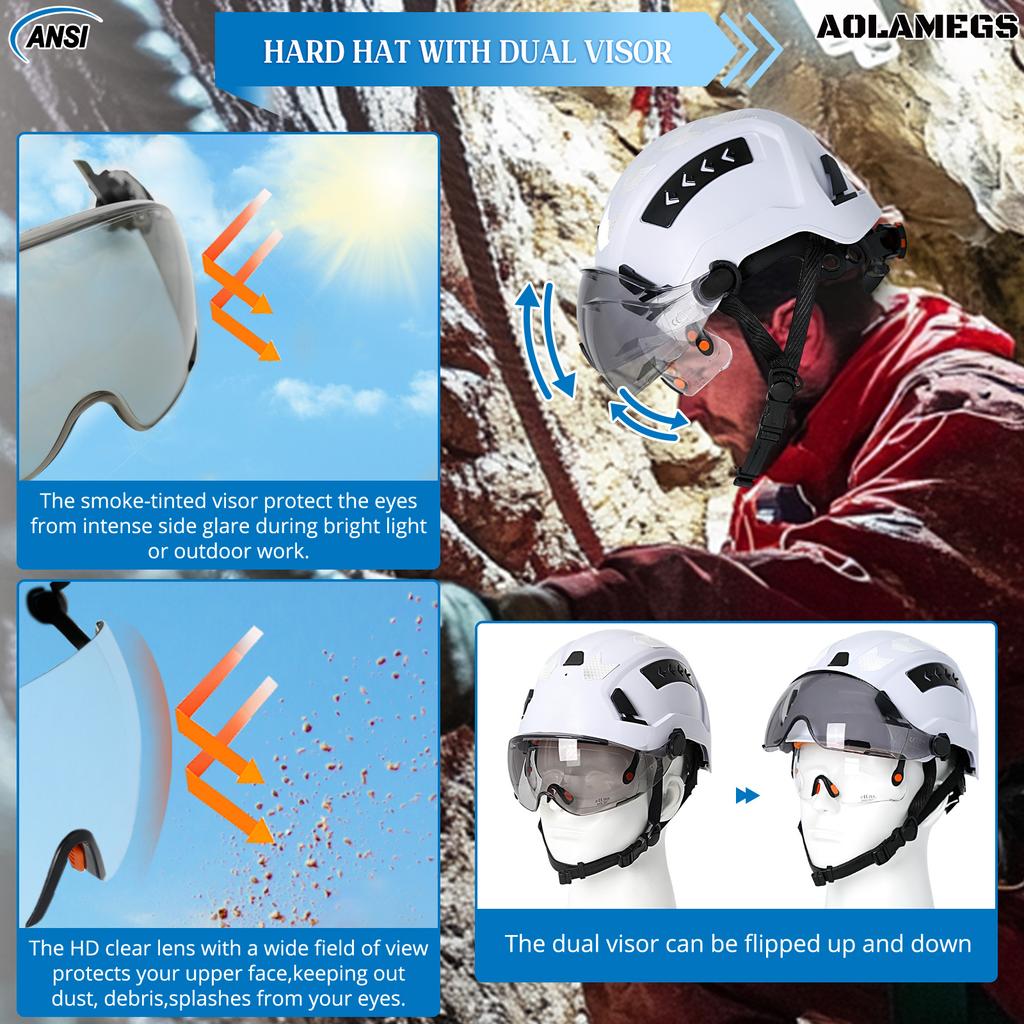 Casco di Sicurezza CE per l'Edilizia con Doppi Occhiali Integrati Visiera Adesivi Riflettenti Elmetto ANSI Cappello da Lavoro Industriale per Ingegnere