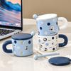 Cute Style Couple Water Cup Breakfast Cup Cartoon Blue Mug with Lid Ceramic Cup with Mixing Spoon