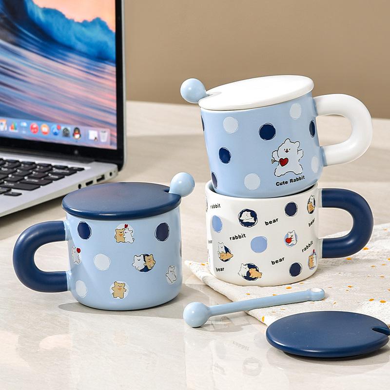Cute Style Couple Water Cup Breakfast Cup Cartoon Blue Mug with Lid Ceramic Cup with Mixing Spoon