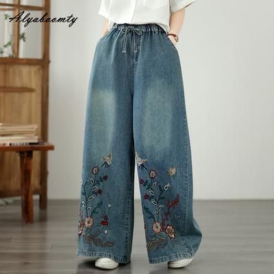 Jeans a Gamba Larga da Donna Taglie Forti Primavera Estate Coulisse Vita Elastica Ricami Floreali Casual Larghi Pantaloni in Denim Vintage Eleganti Baggy Jeans da Donna